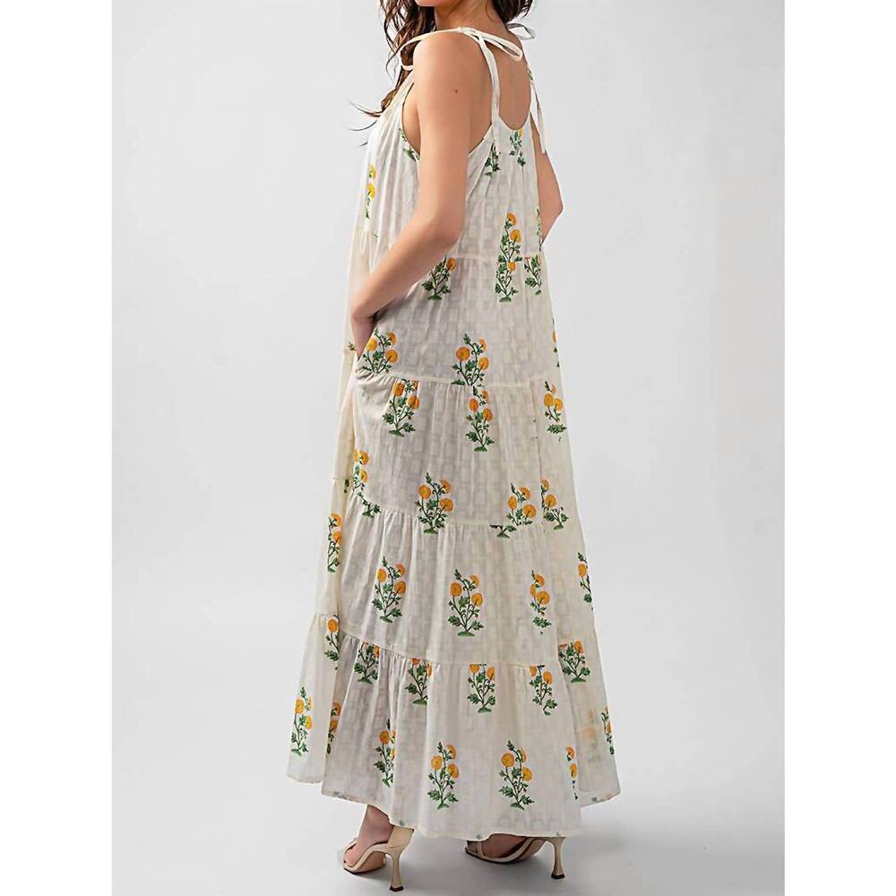 NEW URBAN DAIZY tiered floral cotton maxi dress in white green yellow - Picture 3 of 10